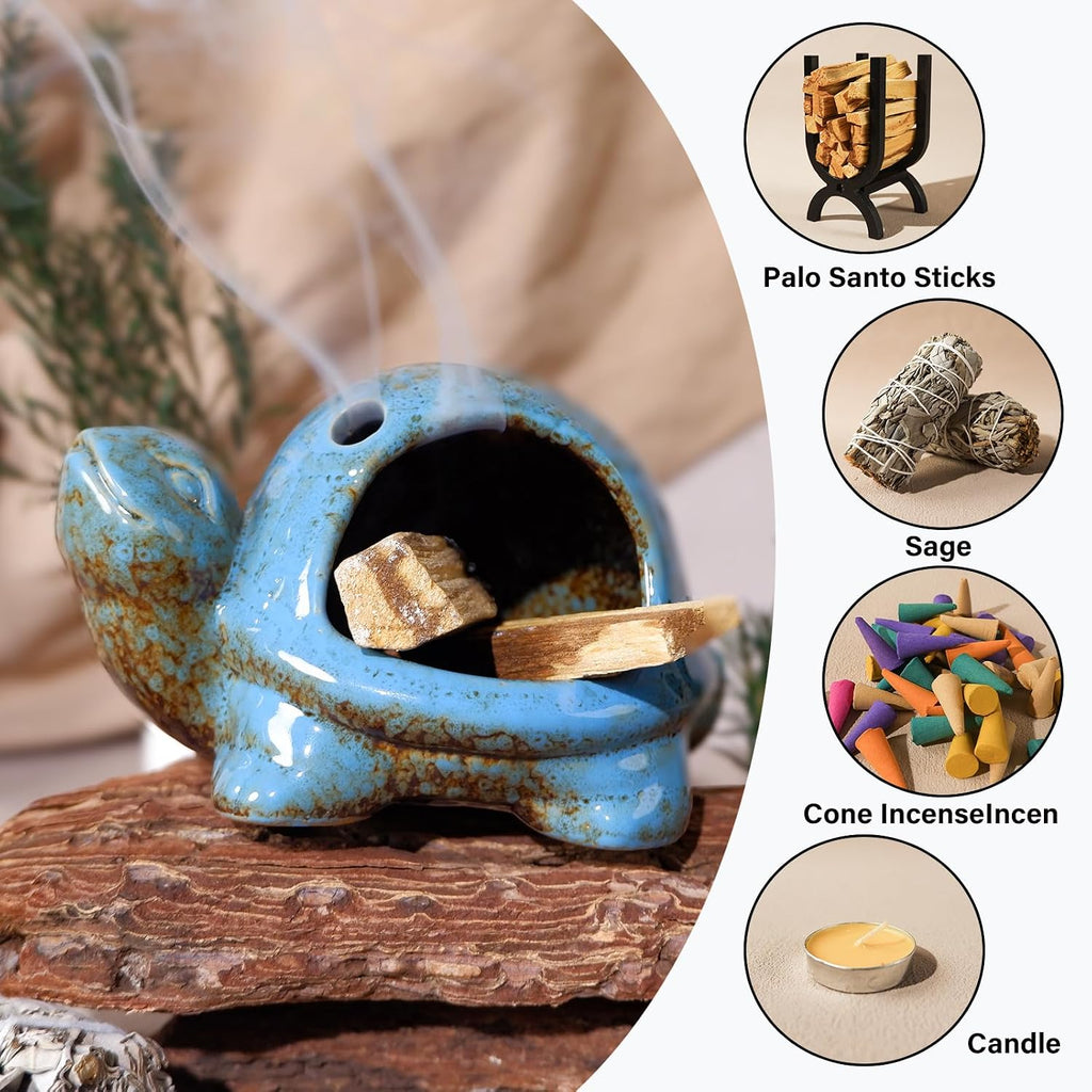 MOUGIGI Blue Ceramic Turtle Palo Santo Burner - Mini Chiminea, Burns