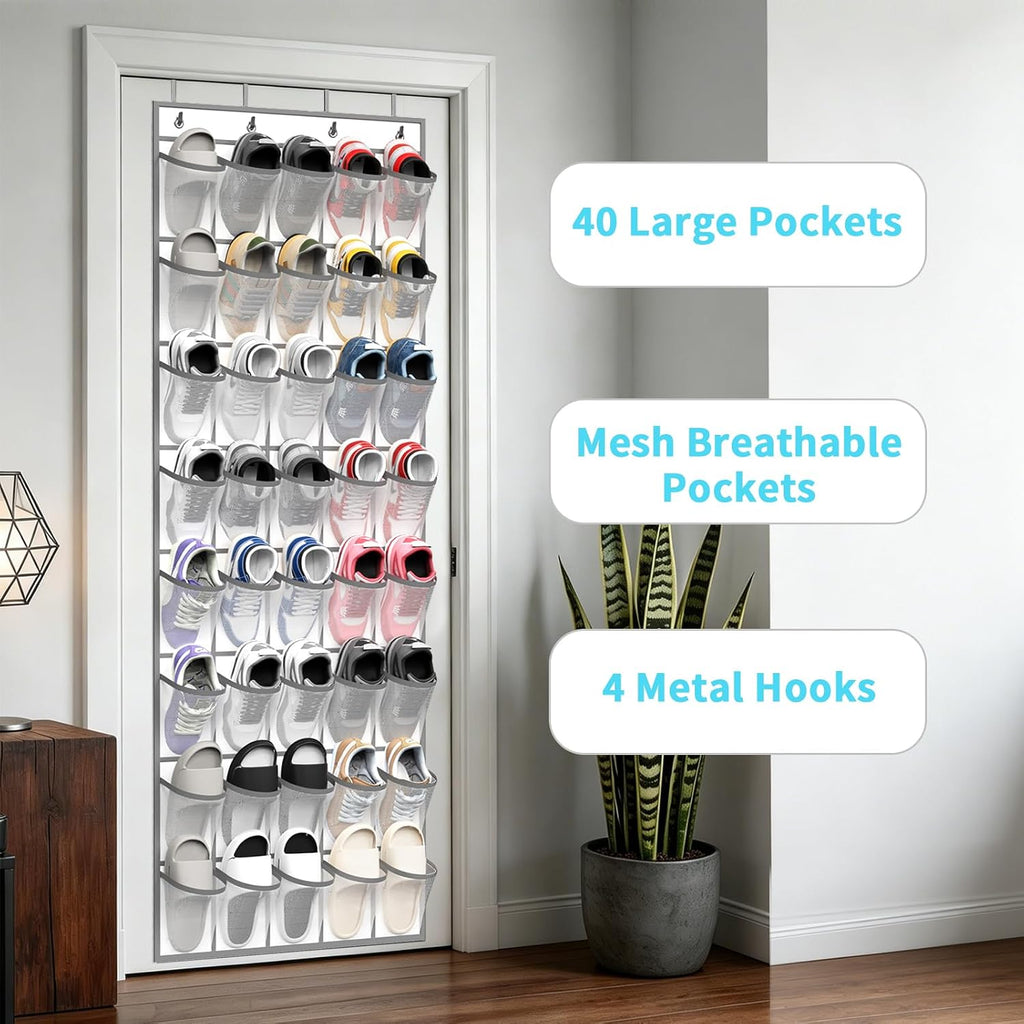SAVERHO Over the Door Shoe Organizer, 40 Large Breathable Mesh Pockets Hanging Shoe Rack, Space Saving Shoe Holder for Entryway Bedroom Closet Storage (White)