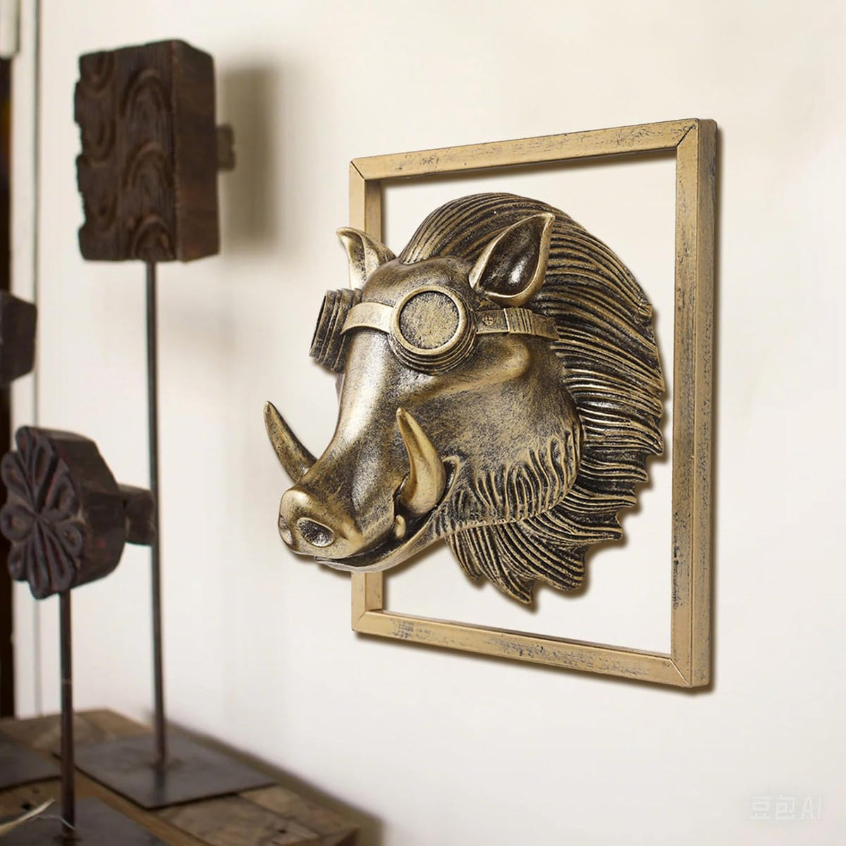 JJALIGHTS Exquisite Resin Animal Head Wall Sculpture (Gift Metal Frame) - Imitation Copper Vintage Decor for Living Room, Bedroom & Office | Decorative Wall Hanging Art (Warthog)