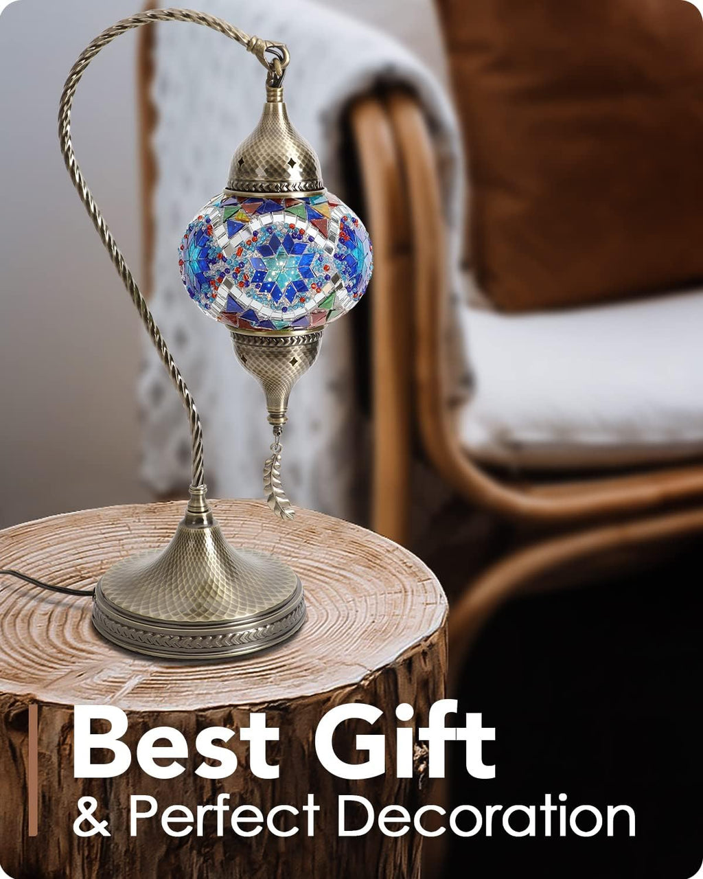 Yarra-Decor Turkish Moroccan Mosaic Table Lamp with Bronze Base - 3 Color Options Handmade Swan Neck Tiffany Mosaic Glass Bedside Lamps for Bedroom, 19" Blue1(LED Bulb Included)