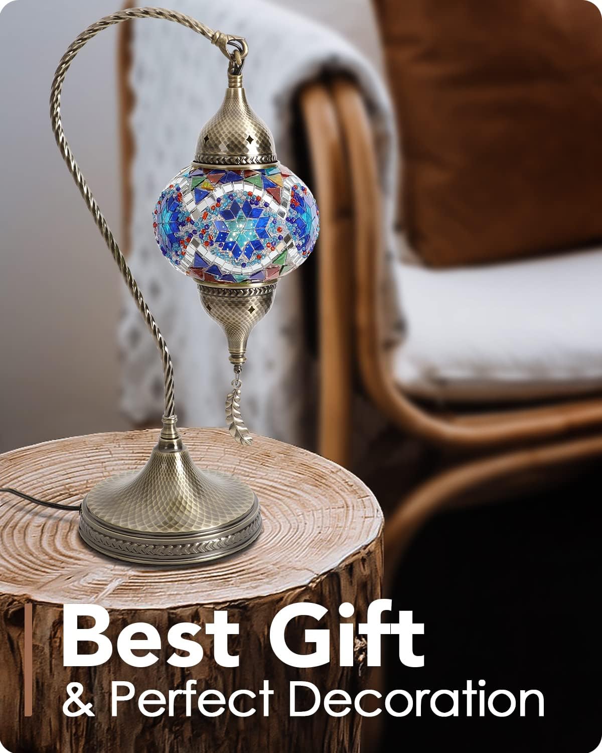 Yarra-Decor Turkish Moroccan Mosaic Table Lamp with Bronze Base - 3 Color Options Handmade Swan Neck Tiffany Mosaic Glass Bedside Lamps for Bedroom, 19" Blue1(LED Bulb Included)