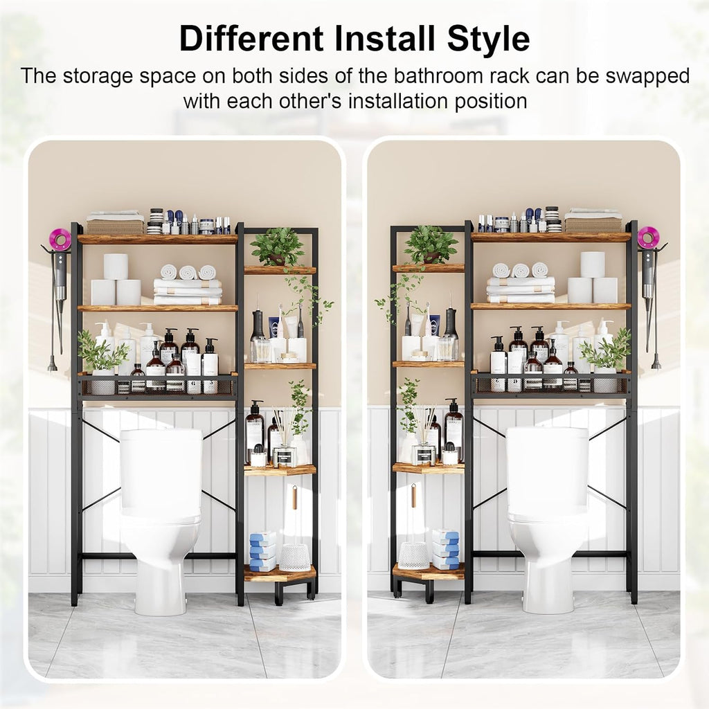 K1 Heavy Duty 7-Tier Over The Toilet Storage（With Basket and Paper Hook）Freestanding Above Toilet Shelf with Adjustable Feet，Space Saver Bathroom Shelves 9.3"D x 33.5"W x 63.8"H，Rustic Brown