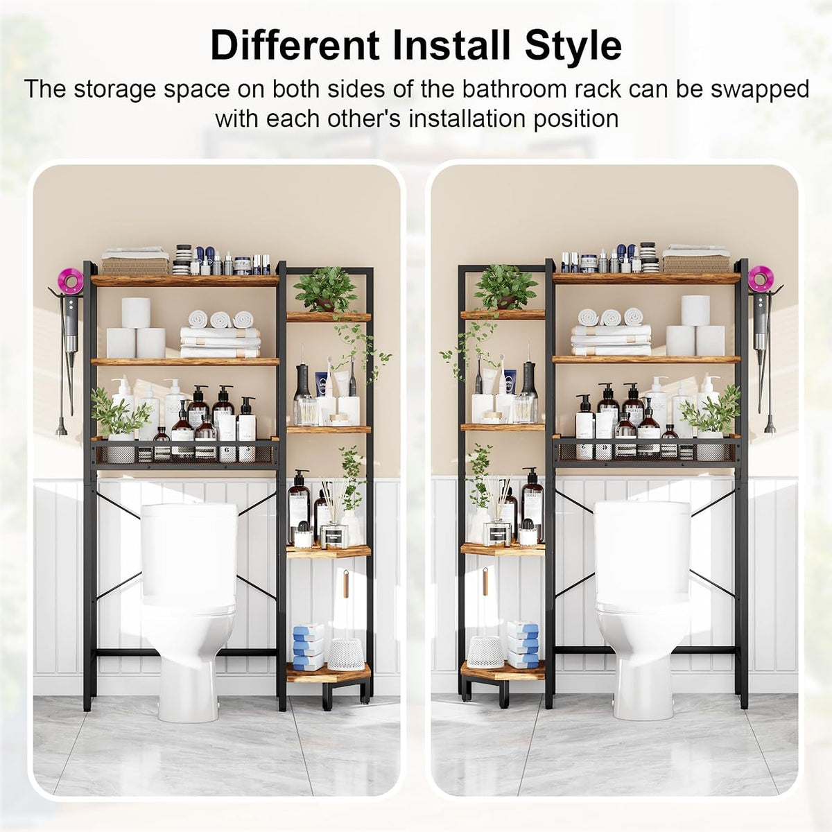 K1 Heavy Duty 7-Tier Over The Toilet Storage（With Basket and Paper Hook）Freestanding Above Toilet Shelf with Adjustable Feet，Space Saver Bathroom Shelves 9.3"D x 33.5"W x 63.8"H，Rustic Brown