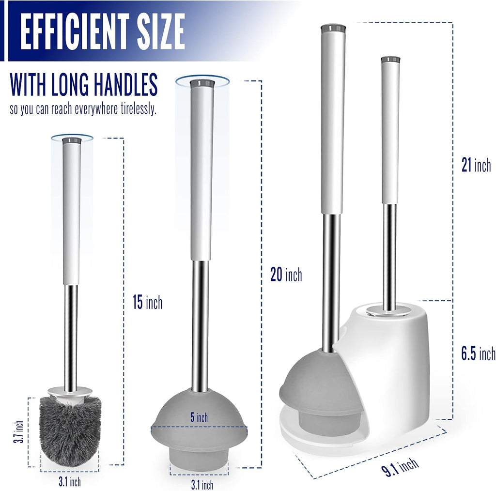 True Fresh Toilet Brush and Plunger Set with Holder Caddy -Stainless Steel Brush and Toilet Plunger for Heavy Duty -2-in-1 Scrubber Combo with Hidden Tweezer & Extendable Plastic Handle