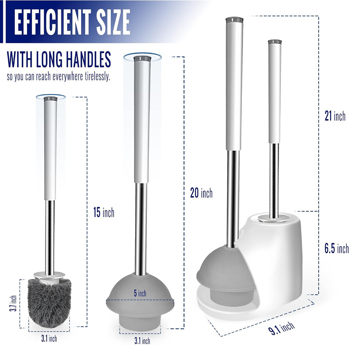 True Fresh Toilet Brush and Plunger Set with Holder Caddy -Stainless Steel Brush and Toilet Plunger for Heavy Duty -2-in-1 Scrubber Combo with Hidden Tweezer & Extendable Plastic Handle