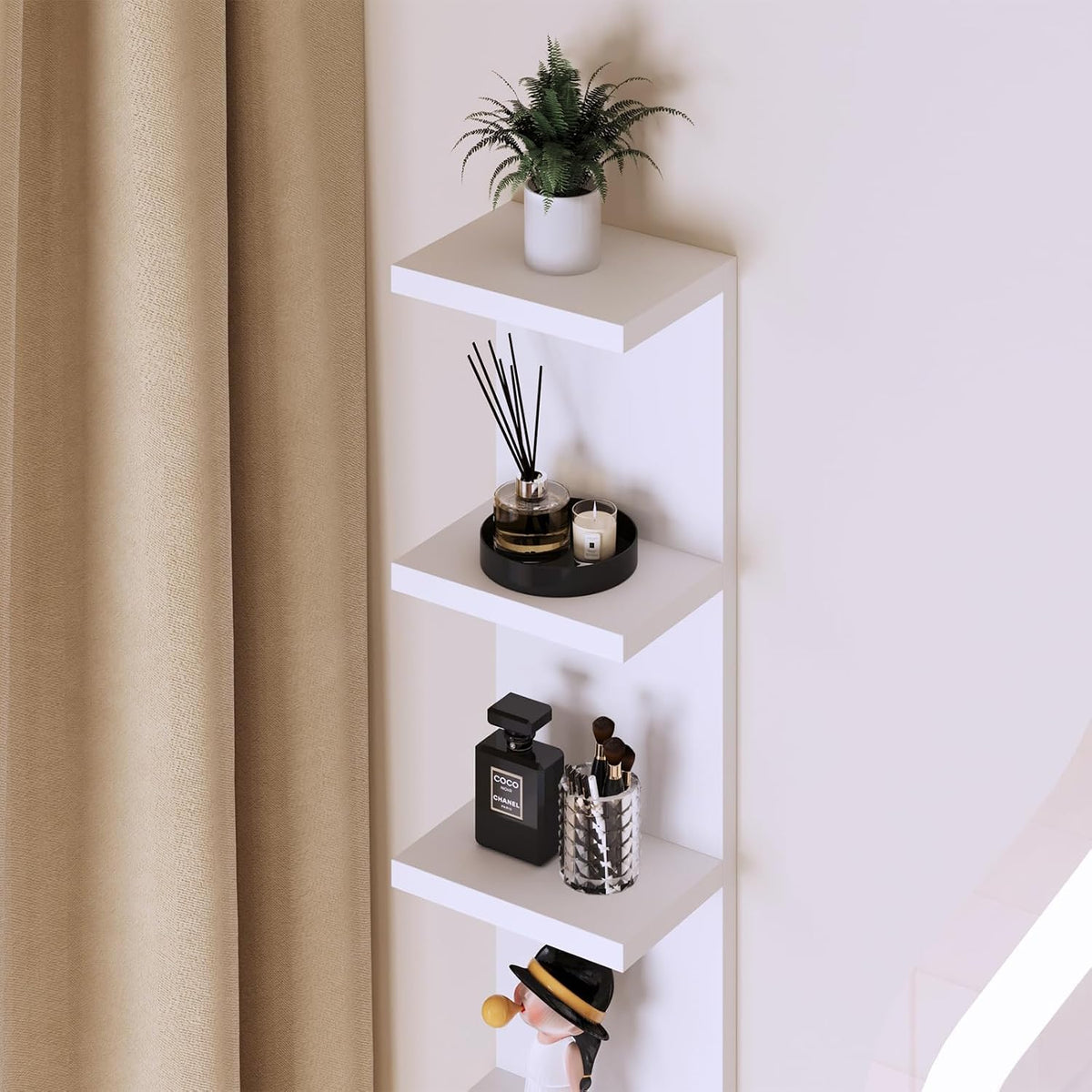 LitaEther 4 Tier White Lack Shelf Vanity Wall Shelf with 10 Crystal Hooks - Multi-Functional Storage for Makeup, Jewelry, Plants, Awards & Display (L7.1 x W5.5 x H30.7) (1)