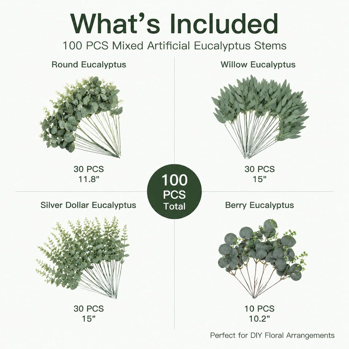 100 Pcs Mixed Artificial Eucalyptus Stems Leaves Bulk, 4 Kinds Faux Greenery Silver Dollar Dried Flowers Plant Leaves for Wedding Decor Centerpieces Vase Bouquet Floral Arrangements
