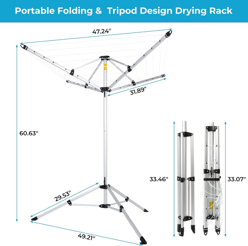 JS HANGER Drying Natural Clothes Airer Outdoor Portable 4-arm Aluminum Drying Rack w/Ground Stake, Carry Bag, 28-Lines with 65 ft. Umbrella Clothesline