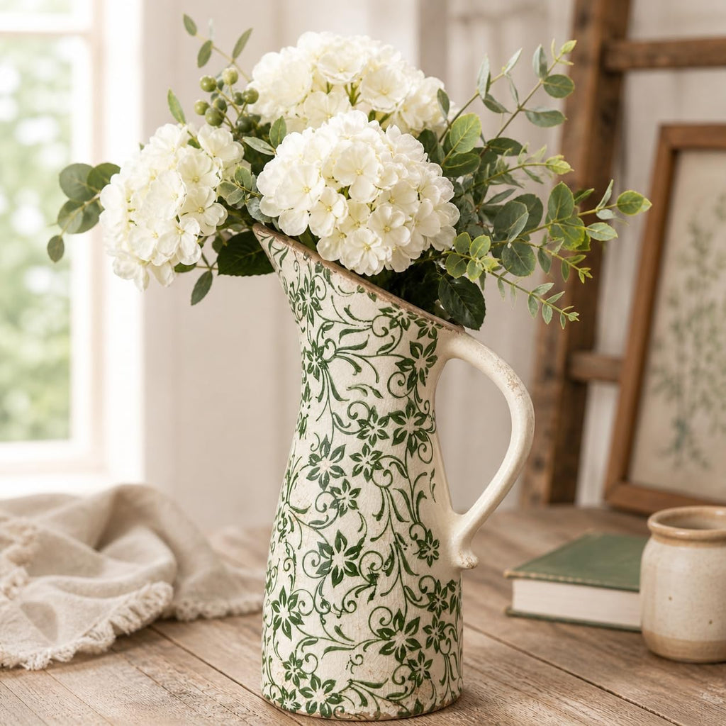 10" Farmhouse Pitcher Vase – Tuscan Green Scroll Ceramic Vase with Handle, Vintage Floral Decorative Jug for Kitchen Counter, Table, Mantel Decor