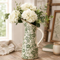 10" Farmhouse Pitcher Vase – Tuscan Green Scroll Ceramic Vase with Handle, Vintage Floral Decorative Jug for Kitchen Counter, Table, Mantel Decor