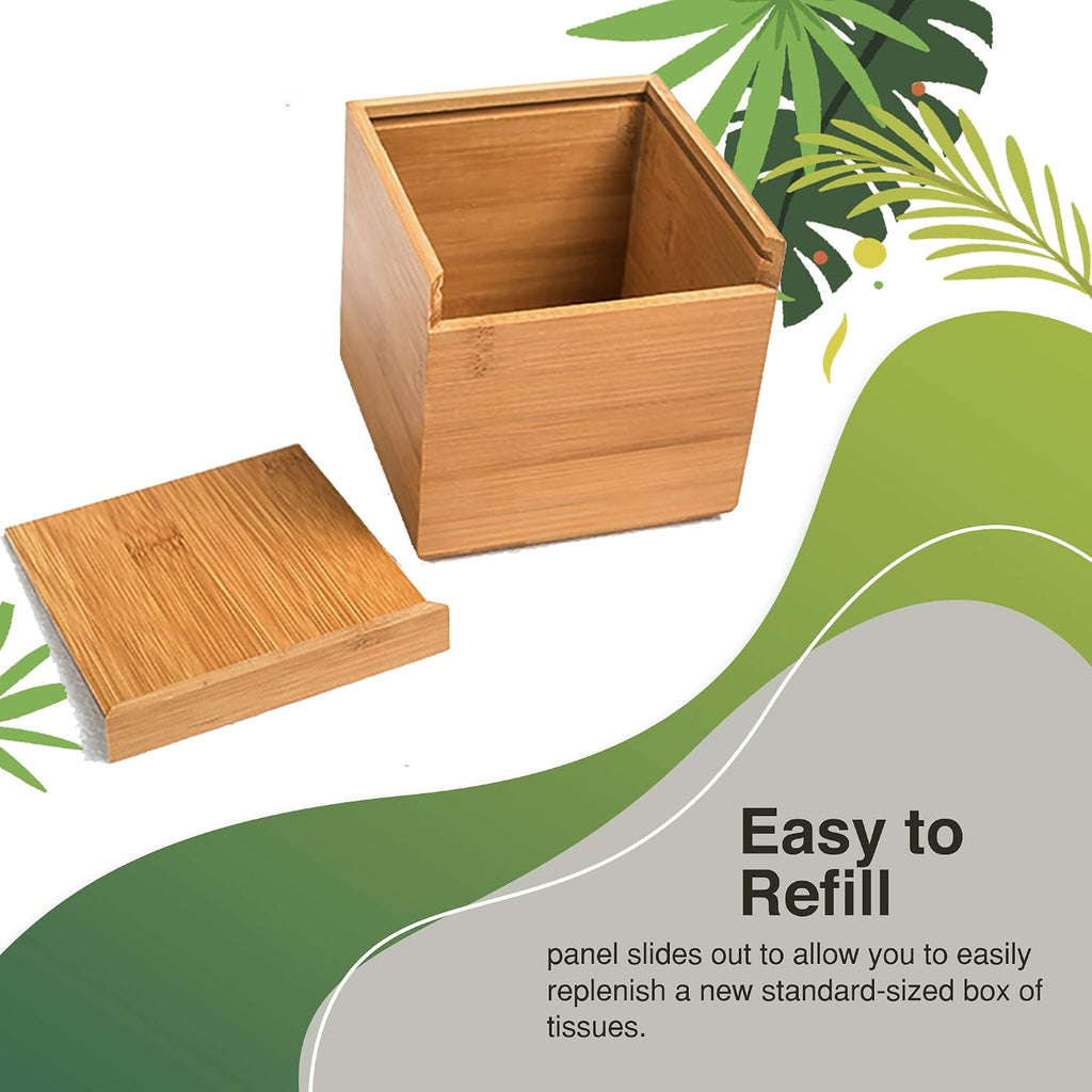 Performore Square Bamboo Tissue Box Cover - Stylish Water-Resistant Wooden Facial Tissue Holder for Bathroom, Office Desk & Nightstand - Compact 16"x14"x14" Design (Pack of 2)