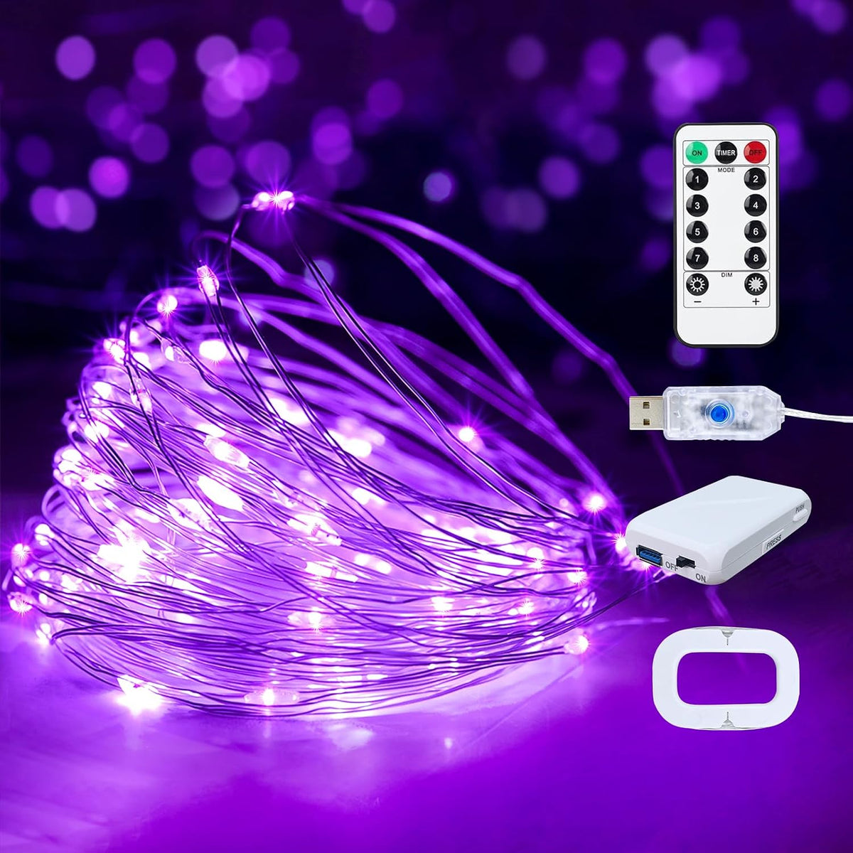 2 Pack USB Plug in Fairy String Lights,16ft 50 LED Copper with Remote and Timer, 8 Modes Waterproof Twinkle String Lights for Bedroom Indoor Party Wedding Christmas Decoration (Purple)