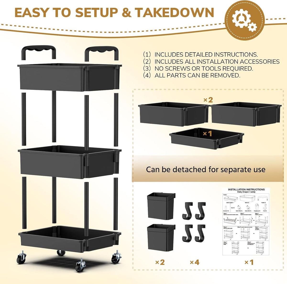 Goovilla Diaper Cart with Lockable Wheels and Easy Assembly, 3 Tier Black