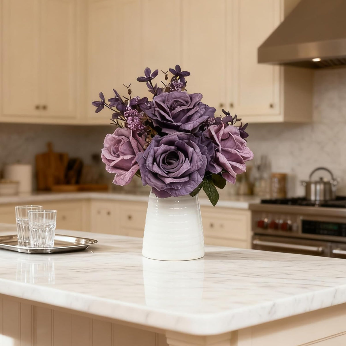 Artificial Purple Rose Arrangement in White Ceramic Vase, 10 Inch Silk Flowers with Foliage, Modern Contemporary Floral Bouquet for Home, Office, Wedding Decor
