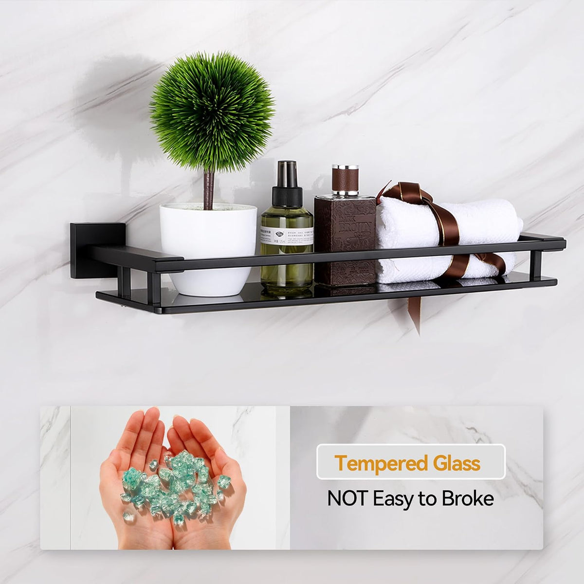 LANC Black Bathroom Shelves Glass Shelf 20-Inch Floating Tempered Glass Shelf Rectangular Modern Stainless Steel Wall Mounted Shelves for Shower Bathroom Kitchen Organizers Accessories ，A7613AB