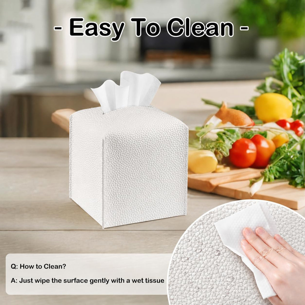 Square Tissue Box Cover PU Leather Tissue Holder for Bathroom, Cube Décorative Organizer, Tissue Paper Dispenser for Bathroom, Kitchen, Bedroom, Office, Tabletop (2, White)
