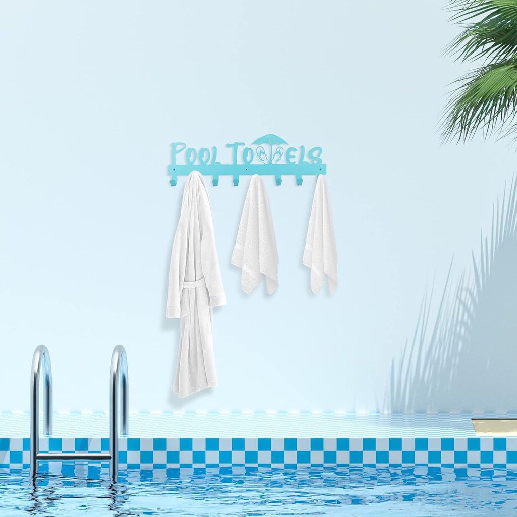 IBosins Pool Towel Rack with 8 Hooks Towel Holder Wall Mount Outdoor Blue