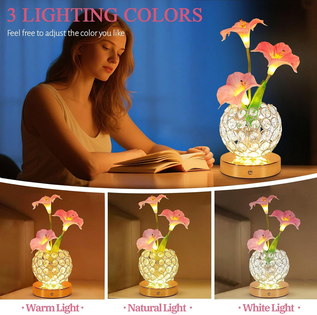 Flower Table Lamps, Rechargeable Cordless Desk Lamp, 3 Colors Dimmable Artificial Flowers Night Light, Morning Glory with Crystal Vase for Home Date Party Decoration (Morning Glory-Pink)