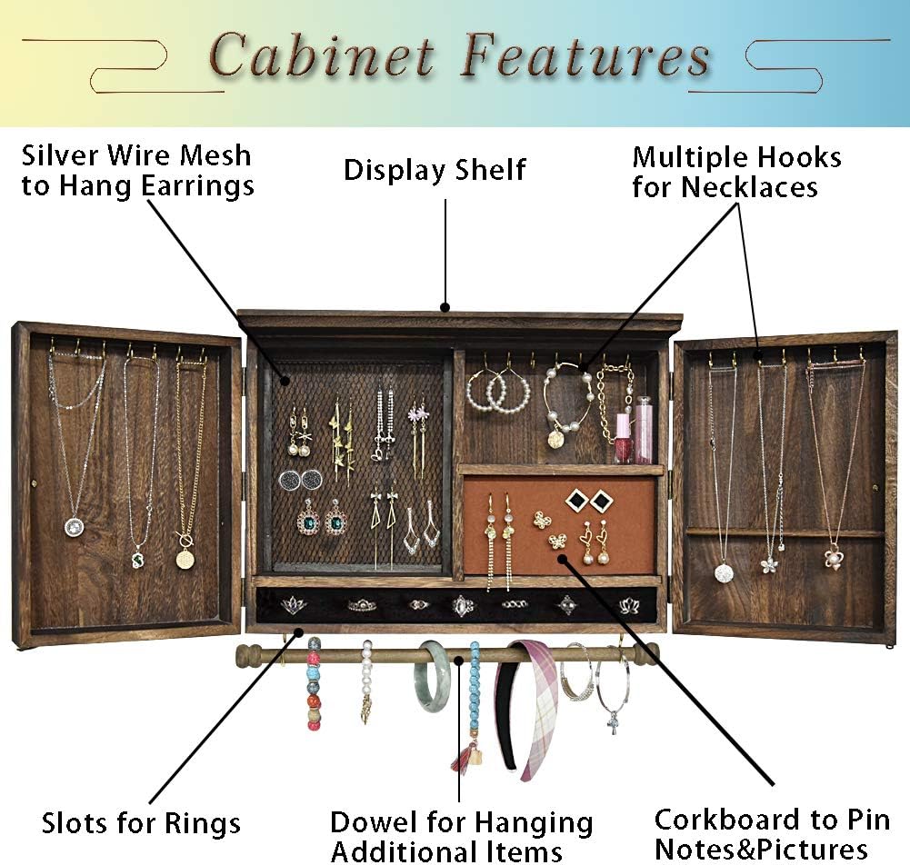 GLANT Rustic Wall Mounted Jewelry Organizer with Wooden Barndoor Decor,Wooden Wall Mount Holder,Jewelry holder for Necklaces, Earings, Bracelets, Ring Holder. Includes matching hook organizer (Rustic)