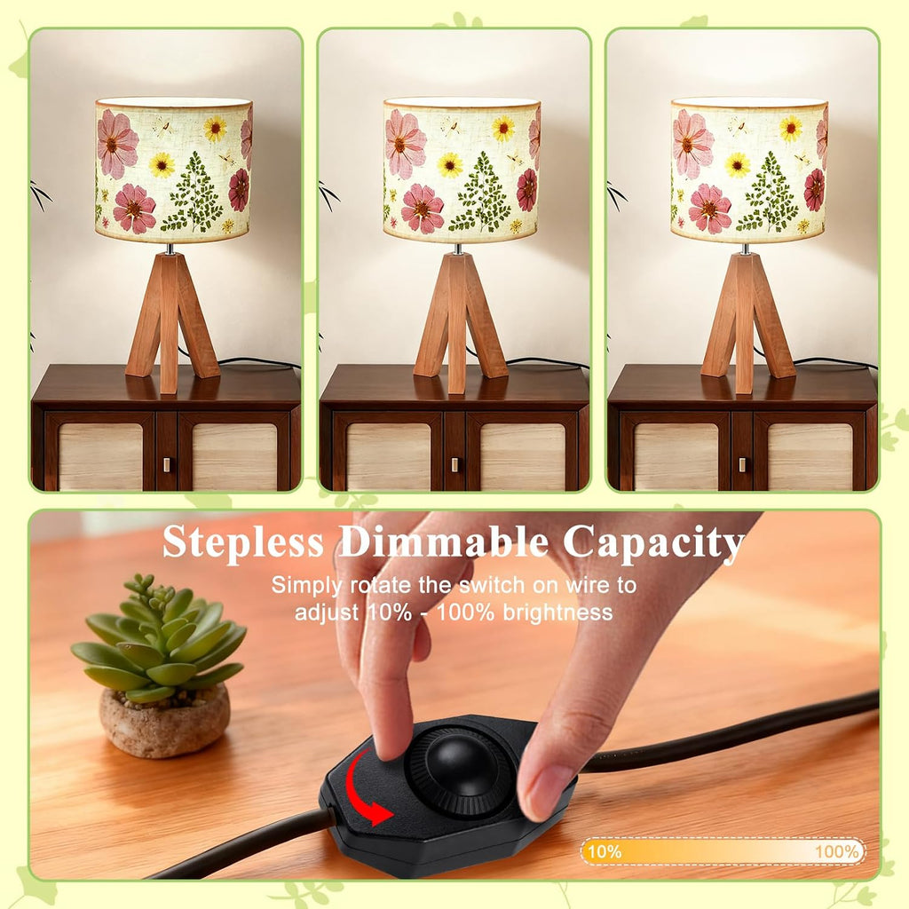 Dried Flowers Tripod Table Lamp 14.96in, 9W LED Dimmable Cute Bedside Lamp with Flowers Linen Lampshade for Nursery, Bedroom, Kid Room, Living Room, Light Brown Wooden Base