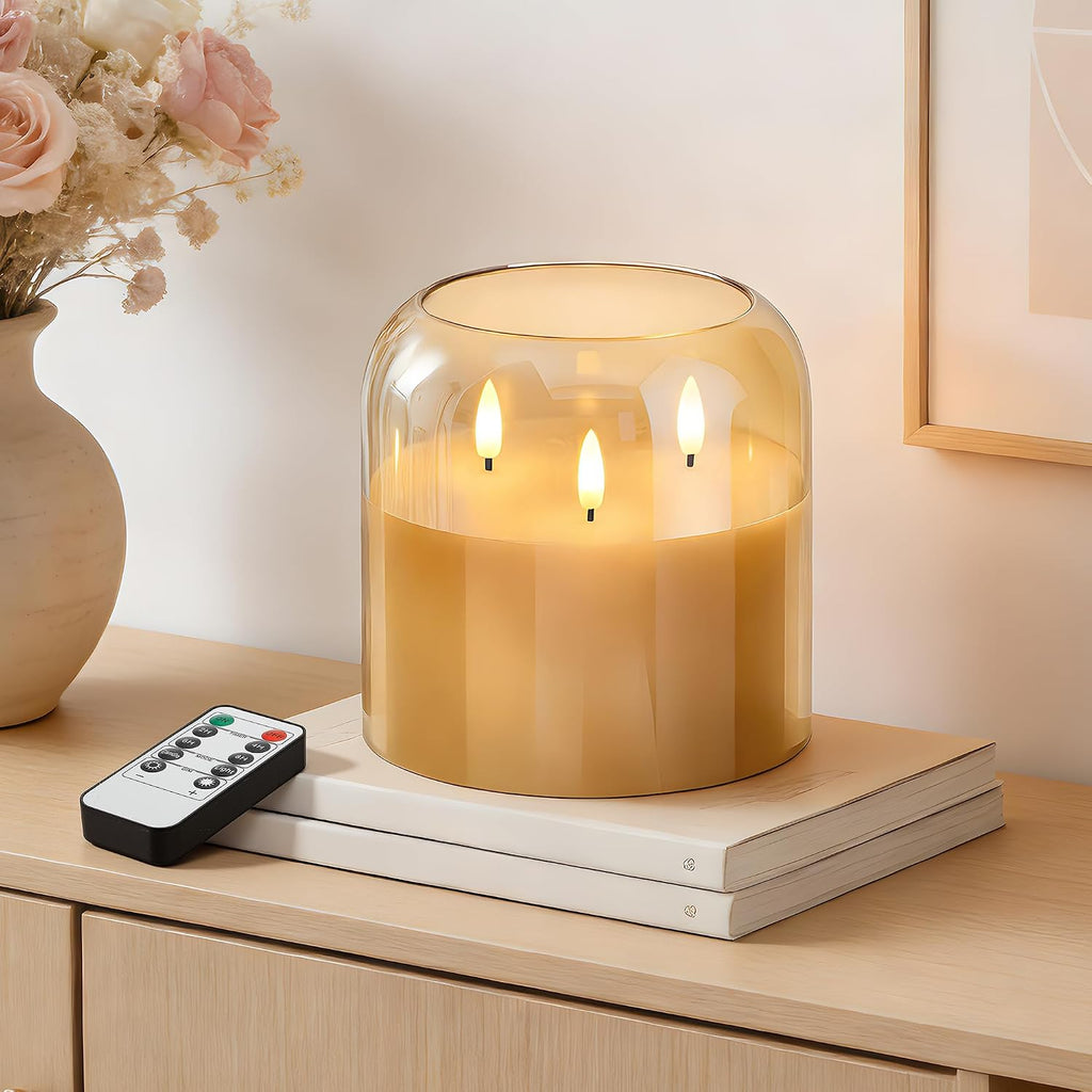 3 Wick Flameless Candle with Remote, Gold Glass, Wax, Battery Operated LED
