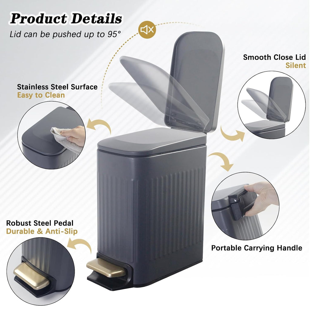 Soddeph Small Narrow Bathroom Trash Can with Lid Bathroom,1.6 Gallon Stainless Steel Wastebasket with Lid Soft Close,Slim Trash Can with Removable Inner Bucket for Toilet, Bedroom,Office (Gray)