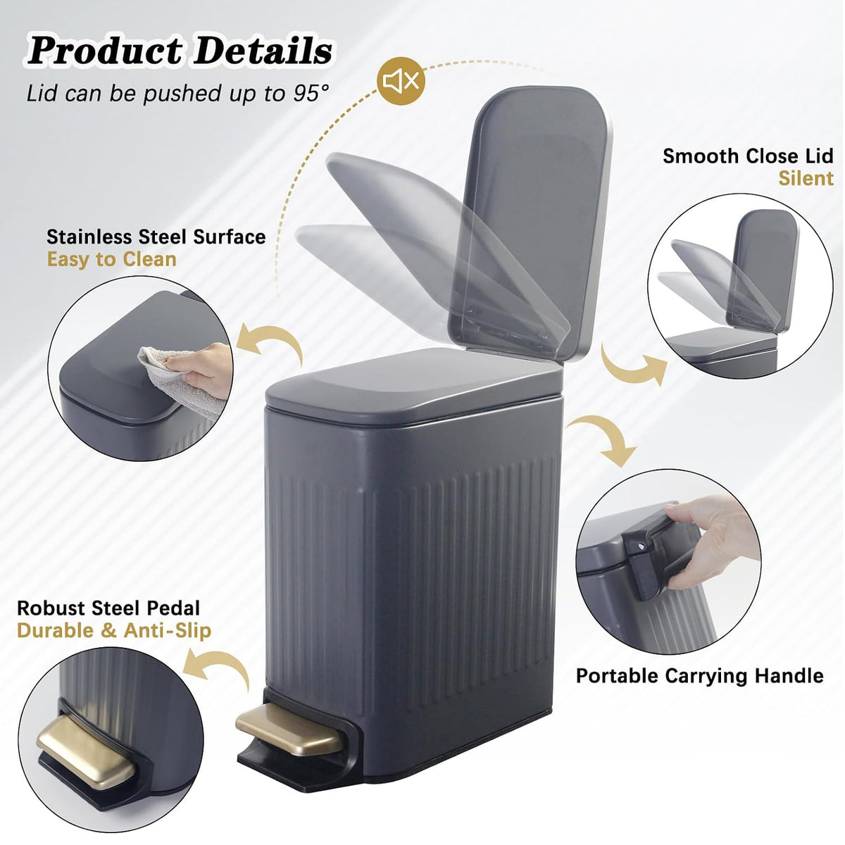 Soddeph Small Narrow Bathroom Trash Can with Lid Bathroom,1.6 Gallon Stainless Steel Wastebasket with Lid Soft Close,Slim Trash Can with Removable Inner Bucket for Toilet, Bedroom,Office (Gray)