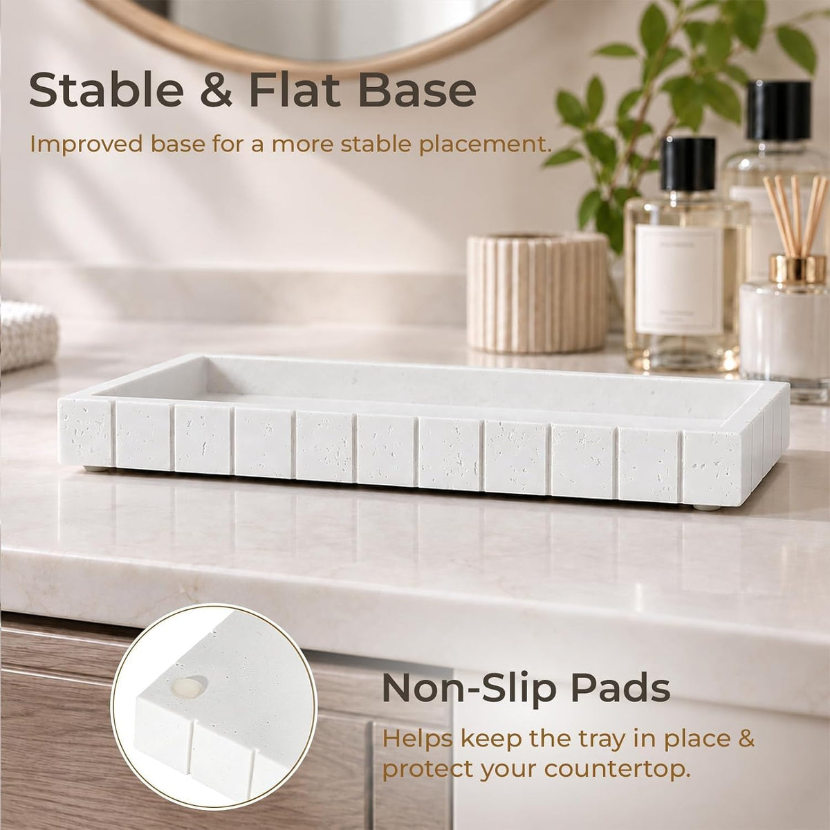 Decorative Bathroom Tray for Counter Stone Perfume Tray for Vanity, White