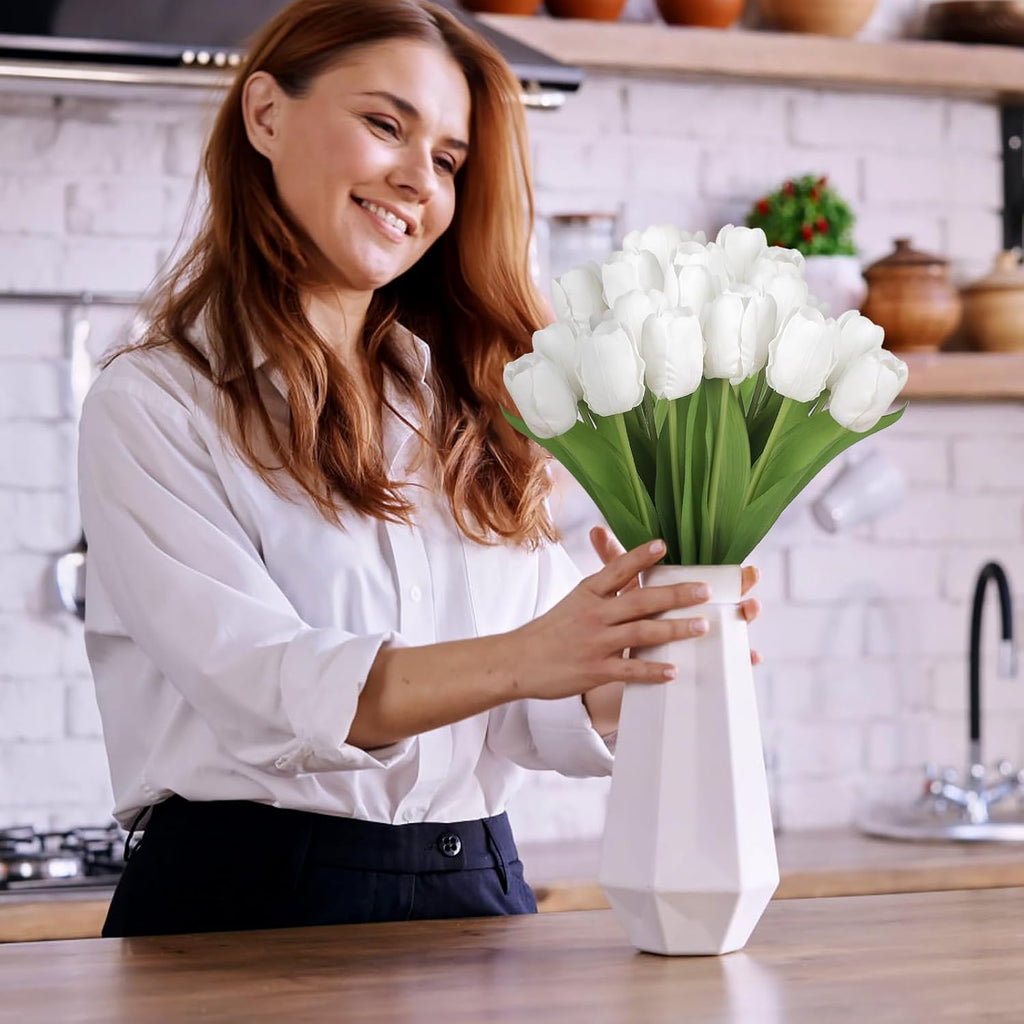 Artificial Tulips - 20 Stems Real Touch Realistic Fake Tulip Flowers, Premium Silk Feel, UV-Resistant, Anti-Fade, Waterproof Lifelike Faux Tulips for Home Decor, Wedding, Party, DIY (White)