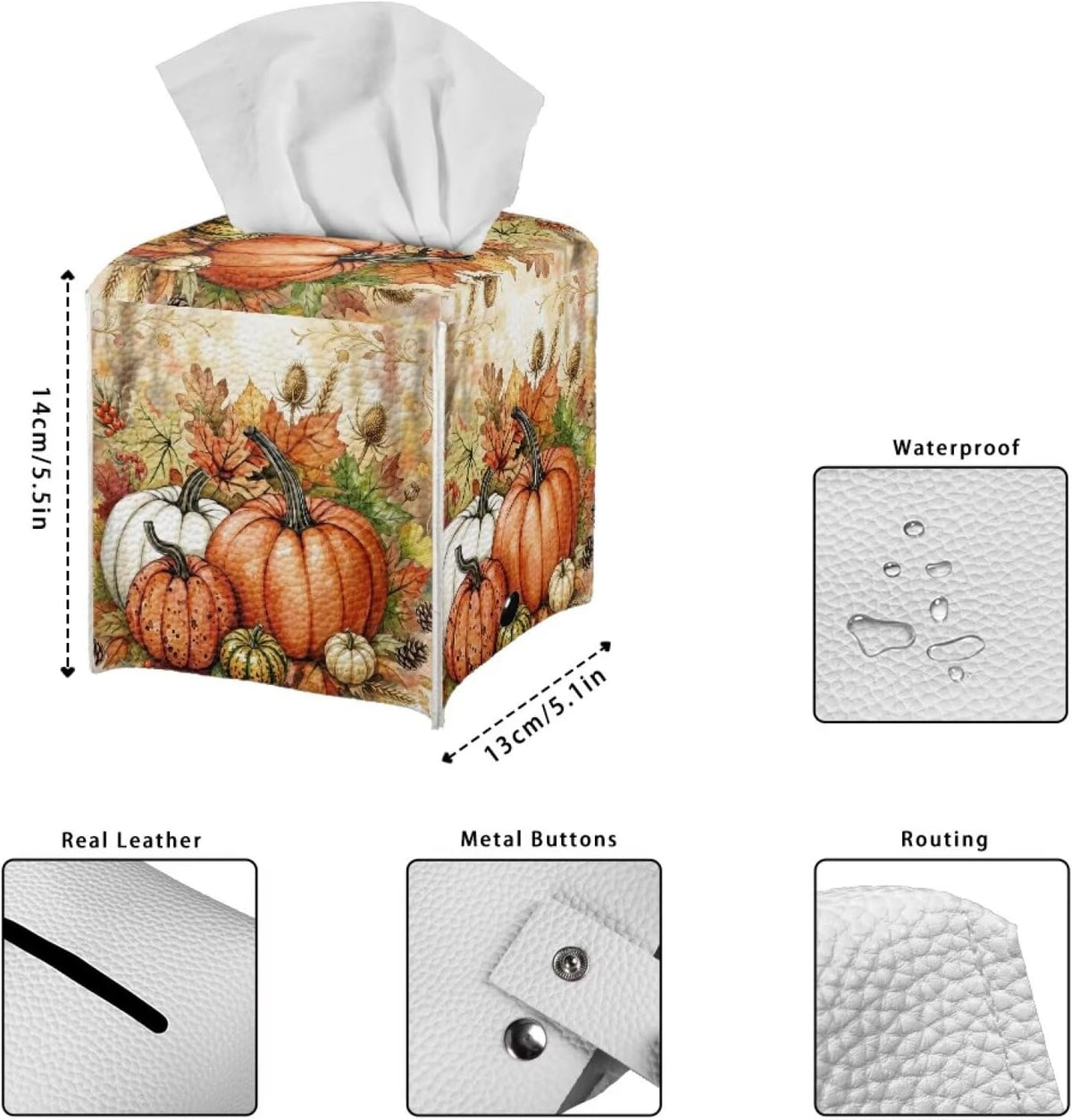 Fall Pumpkin Tissue Box Cover Square Leather Tissue Case Holder