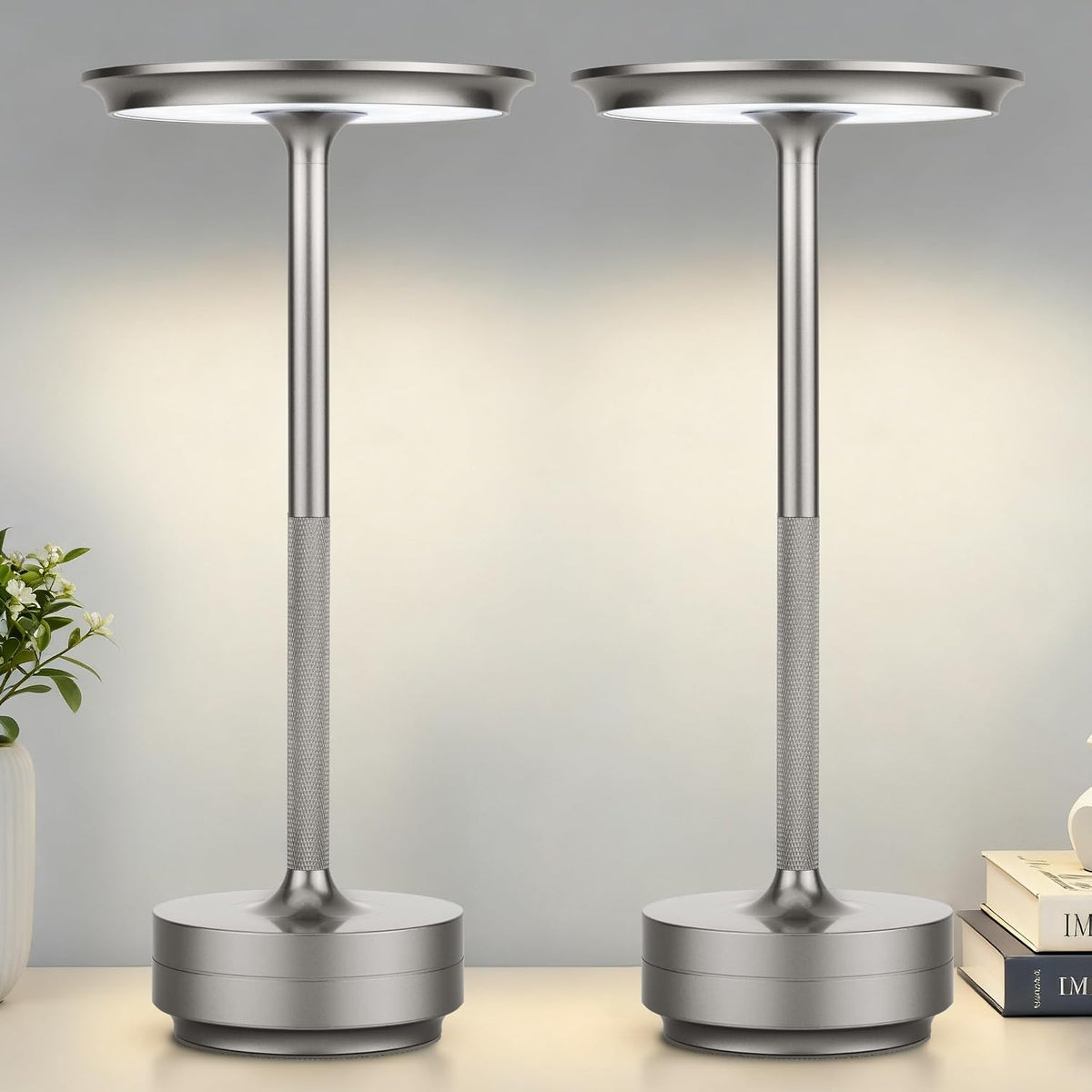 UdoUto 2-Pack Cordless Table Lamps Rechargeable, Silver