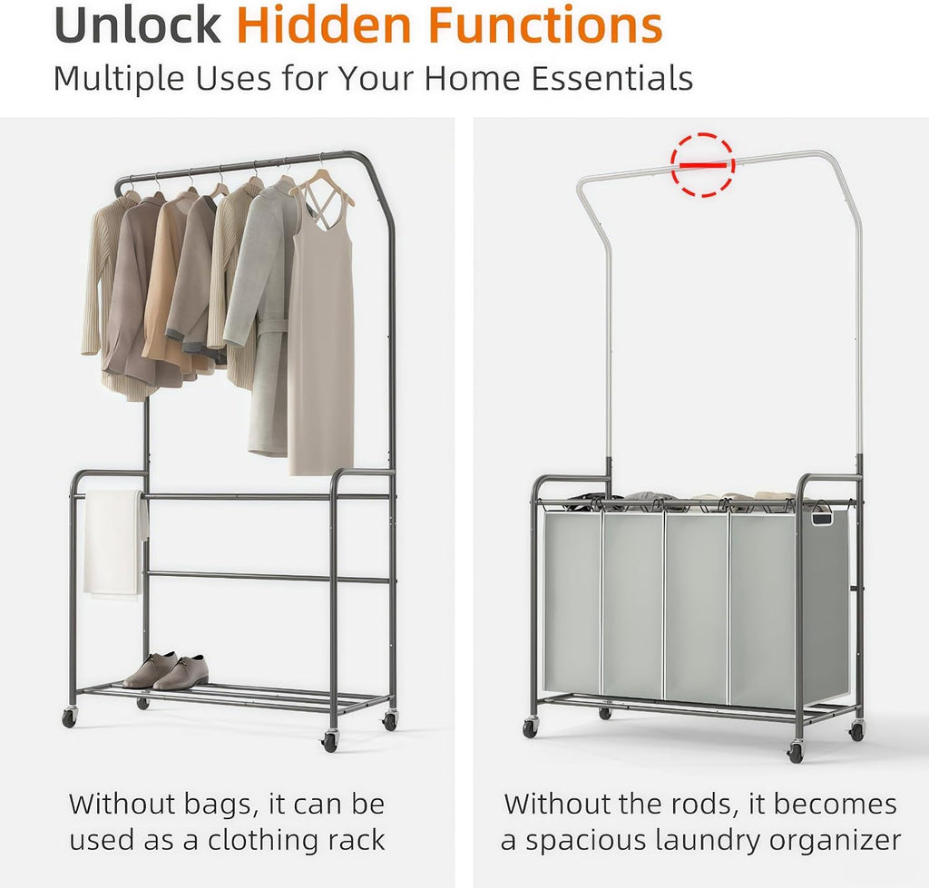 ROMOON Laundry Hamper Sorter Cart, 4 Section Organizer with Hanging Bar