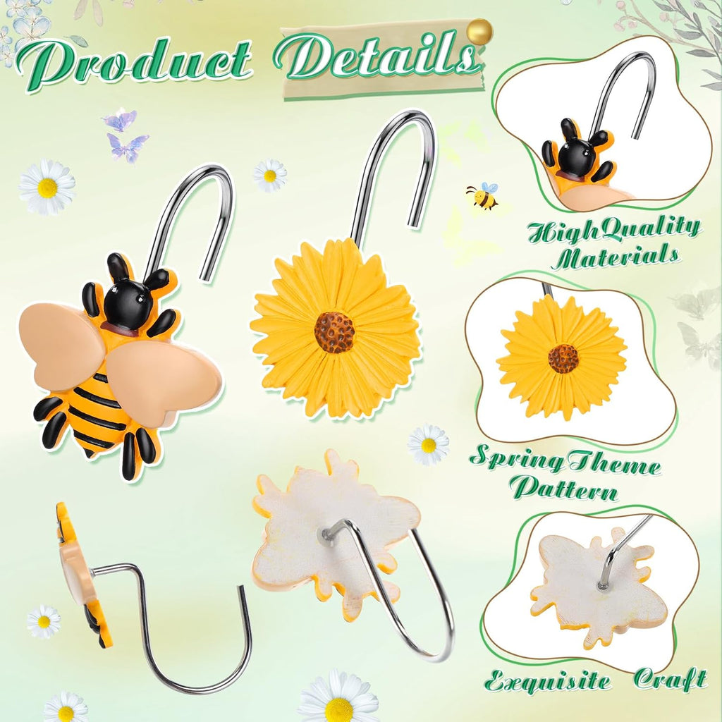 Thyle 12 Pcs Spring Daisy Flower Bee Shower Curtain Hooks, Spring Flower Resin Ornament Rings Cute Yellow Shower Curtain Hooks Decorative Rings for Home Holiday Wedding Bathroom Bedroom Accessories