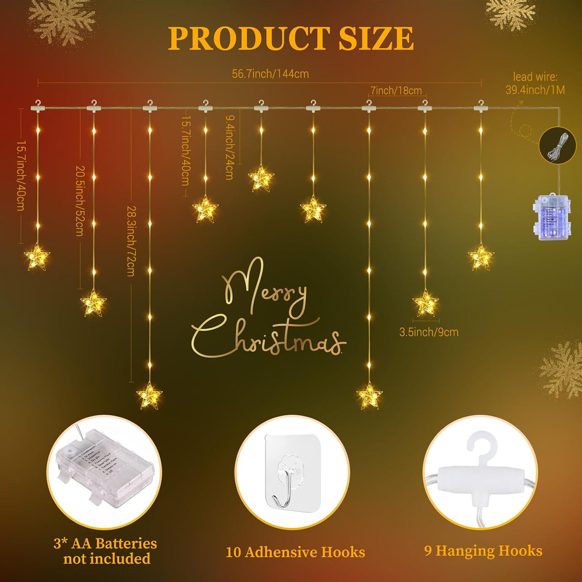 Marchpower 9 Stars Curtain Lights Warm White, IP65 Battery Operated Christmas Star Window Curtains with Timer & Memory Function, 76 LED String Lights with 8 Modes and 10 Hooks for Xmas Decor