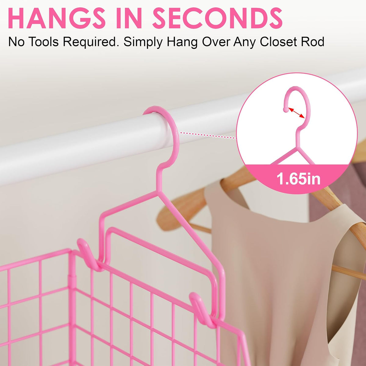 5 Tier Closet Hanging Organizer, Clothes Hanging Shelves with 4 Hanging Hooks 5 S Hooks, Wire Storage Basket Bins, for Clothing Sweaters Shoes Handbags Clutches Accessories Patent Design-Pink