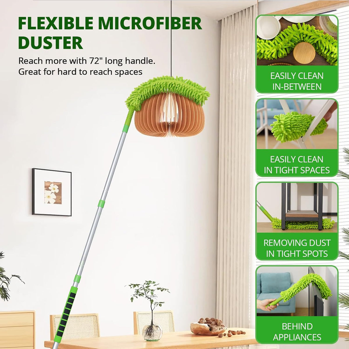 Ceiling Fan Cleaner Duster with 6 Ft/72'' Extension Pole High Ceiling Fan Blade Cleaning Tool Microfiber Duster Reusable Pads for Cleaning Ceiling Fan, Baseboard, Blind, Cobweb, Molding