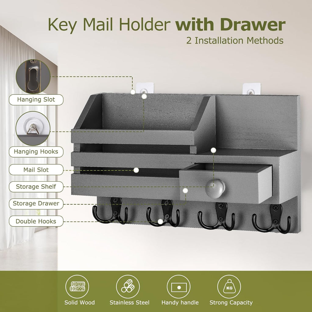 Key Holder Wall Mount, Wooden Key and Mail Organizer, Gray