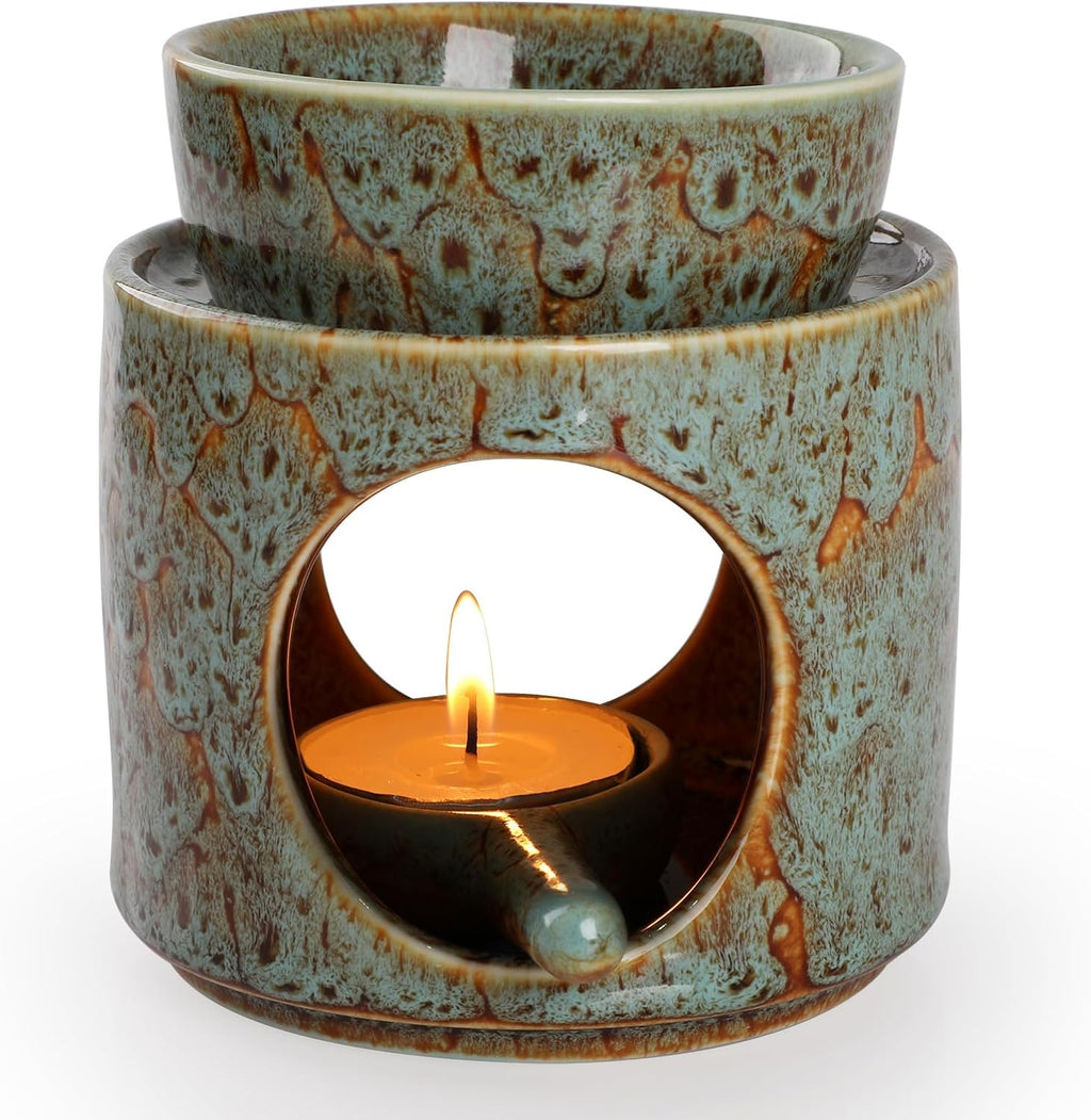 WD&CD Wax Melt Ceramic Oil Burner Green, Aroma Diffuser Essential Oil Burner Aromatherapy Wax Burner with Tealight Holder, Home Bedroom Decor