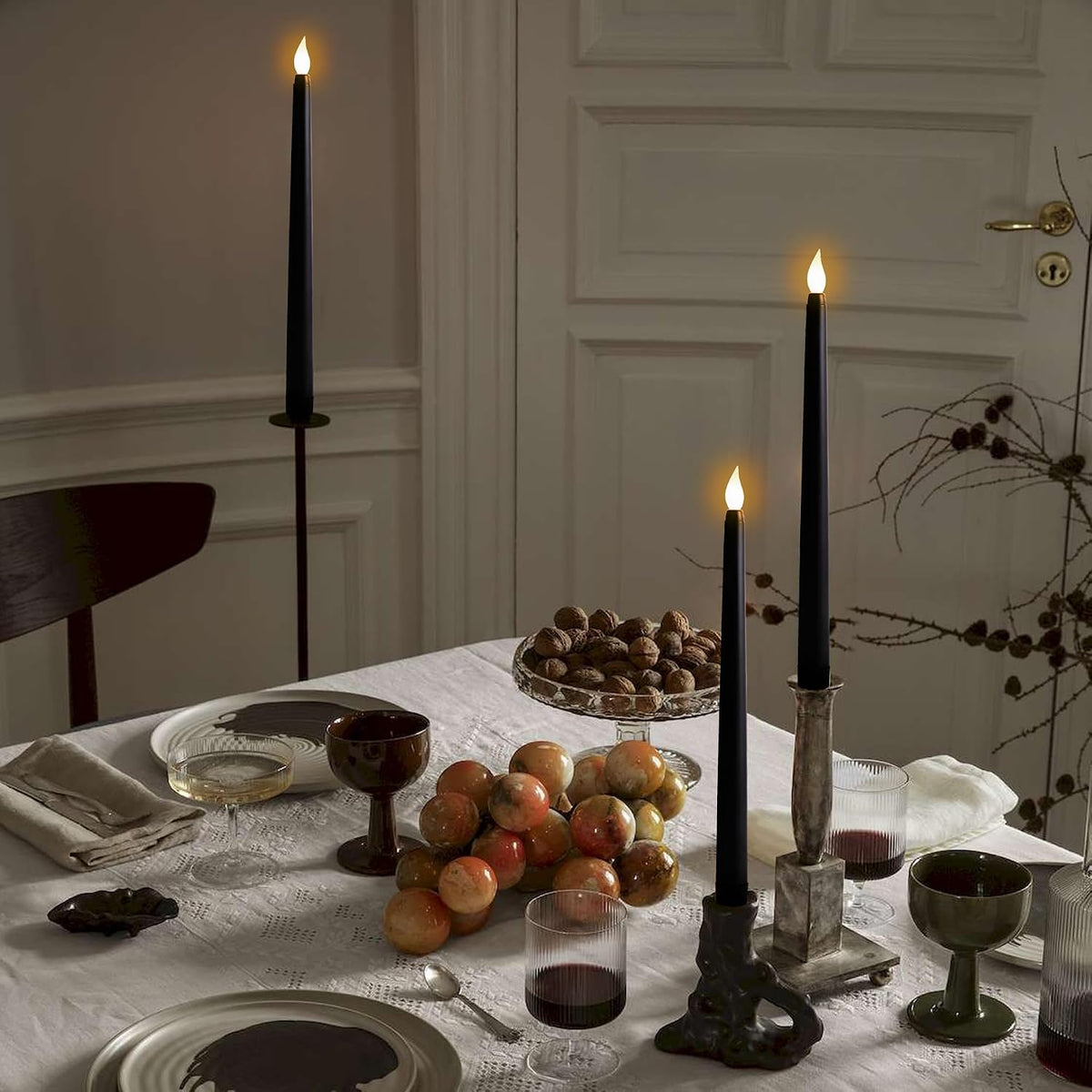 24Pcs Halloween Black Flameless Taper Candles - Battery Operated 2 AAA Long Decor for Table Decorations (No Remote)