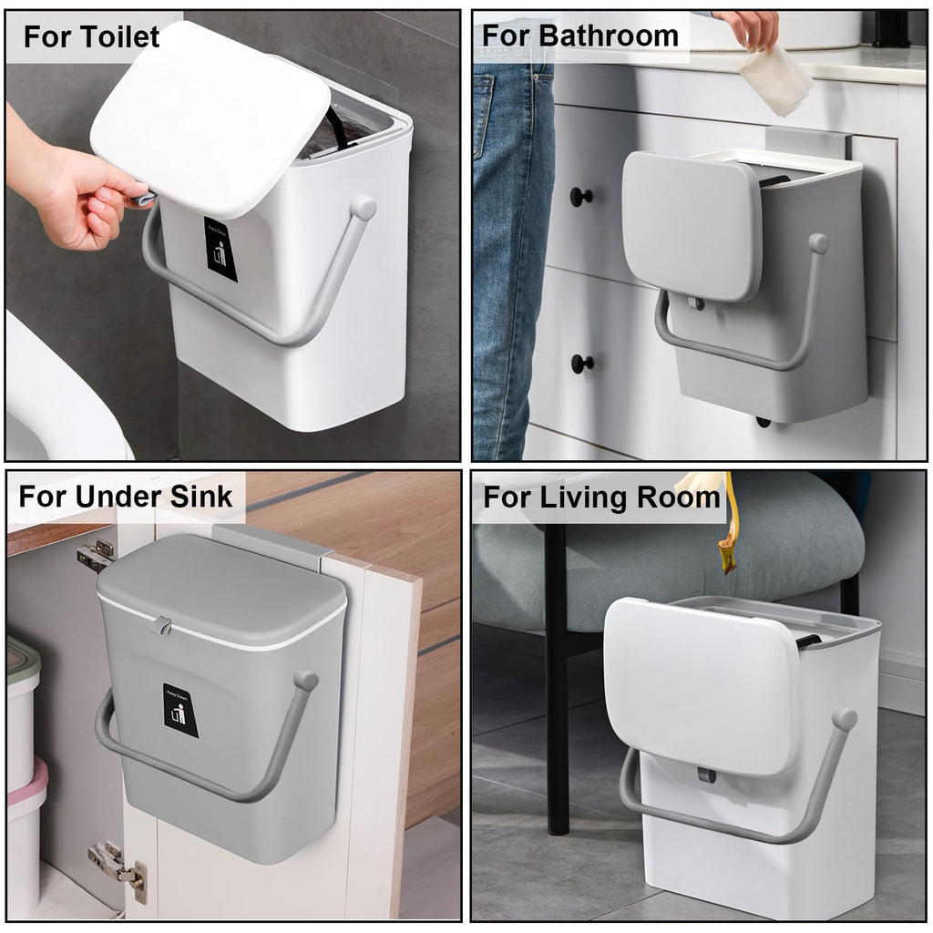 LALASTAR Small Trash Can with Lid, Kitchen Compost Bin for Countertop or Under Sink, Plastic Hanging Waste Basket for RV/Office/Bedroom/Dorm, Mountable, 9L/2.4 Gal, White