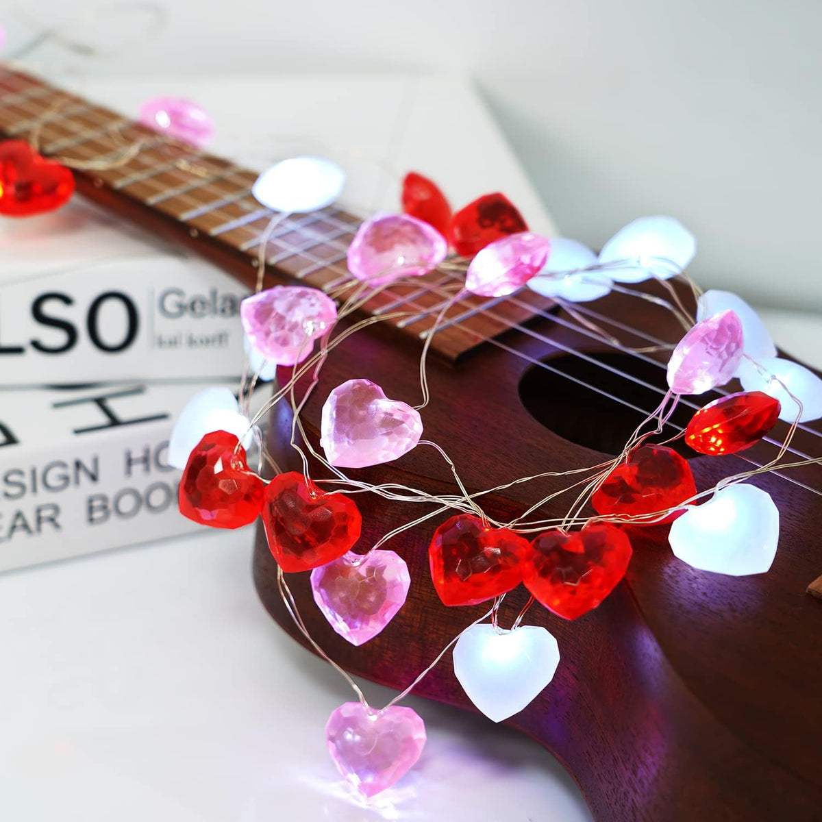 BOHON Valentine Day Decor 10 ft 30 LEDs 3D Heart Lights, Red White Pink