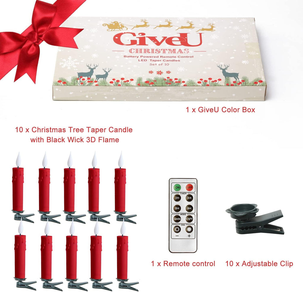 Christmas Tree Clip-on Taper Candles with 3D Flickering Flame Battery Operated Candle with Timer and Remote, Pack of 10, Red