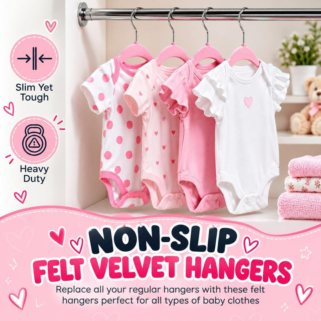 TechZoo 50 Premium Baby Velvet Hangers - 11.8 Inches Non-Slip & Ultra-Slim Baby Hangers for Space-Saving & Children Clothes - 360 Swivel Hook, Strong & Durable Infant & Toddler Clothes Hanger - Pink