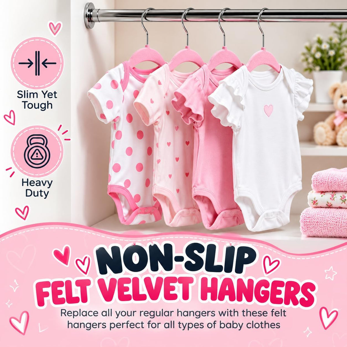 TechZoo 50 Premium Baby Velvet Hangers - 11.8 Inches Non-Slip & Ultra-Slim Baby Hangers for Space-Saving & Children Clothes - 360 Swivel Hook, Strong & Durable Infant & Toddler Clothes Hanger - Pink
