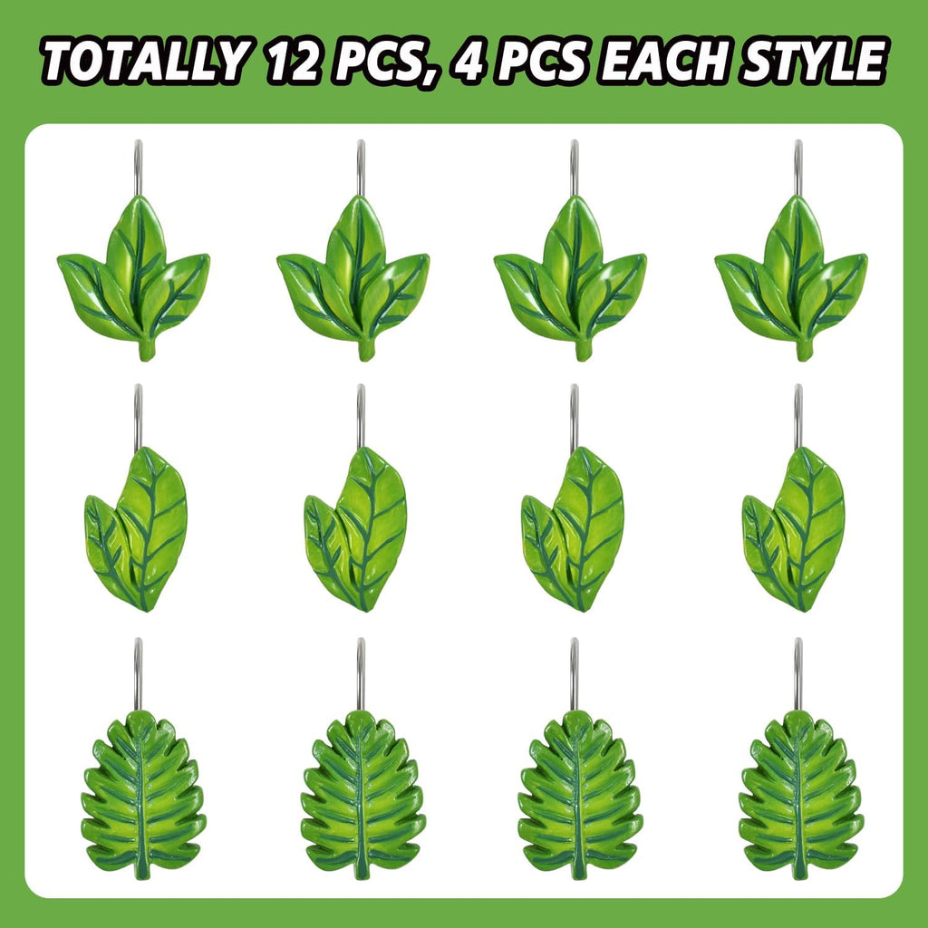 12-Piece Green Leaves Leaf Shower Curtain Hooks for Bathroom