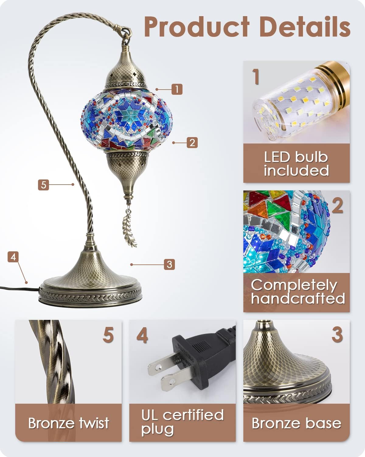 Yarra-Decor Turkish Moroccan Mosaic Table Lamp with Bronze Base - 3 Color Options Handmade Swan Neck Tiffany Mosaic Glass Bedside Lamps for Bedroom, 19" Blue1(LED Bulb Included)