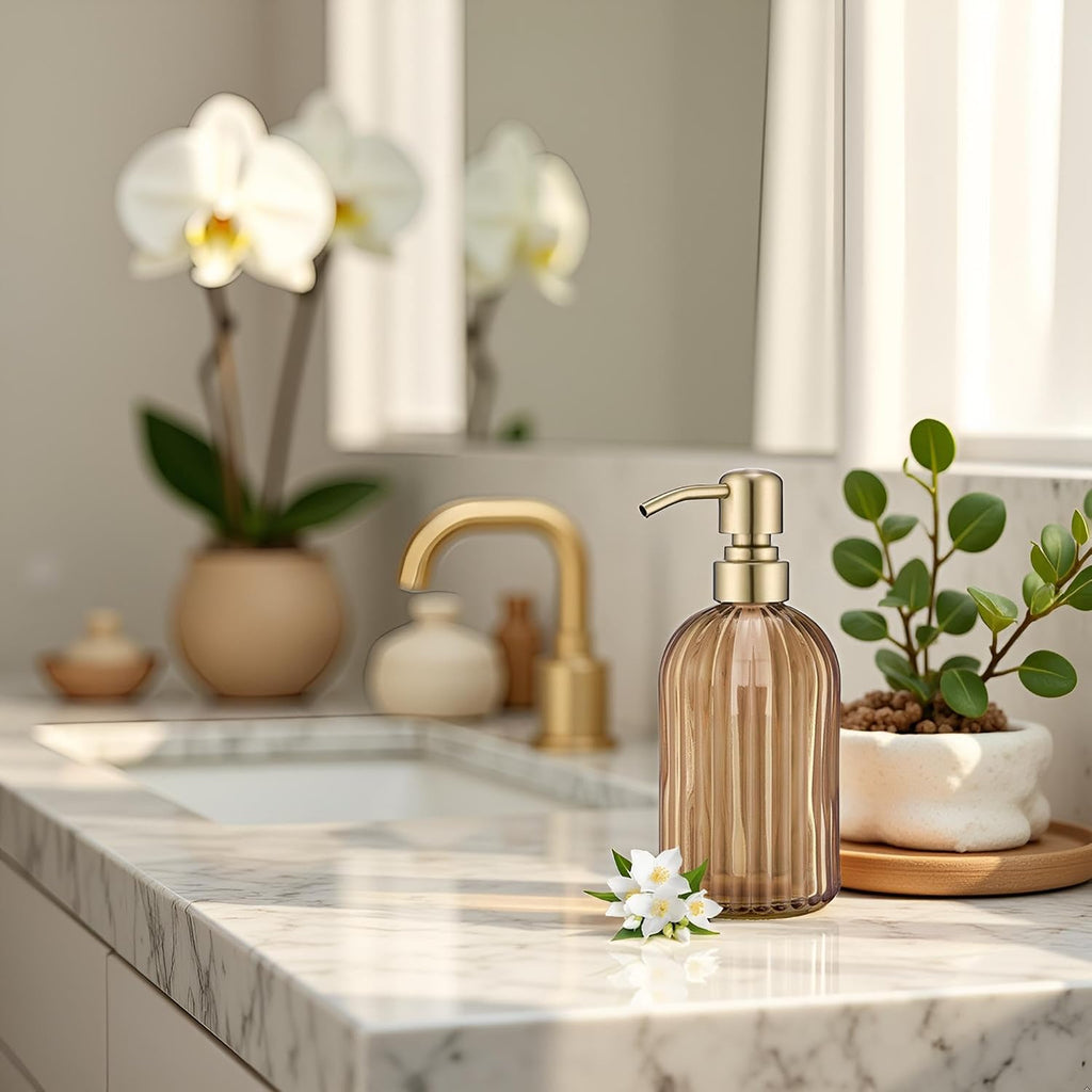 Avola 16 Oz Amber Glass Soap Dispenser,Stainless Steel Brushed Gold Pump Vertical Stripes Design for Bathroom Hand Soap & Kitchen Dish Soap,Brown Liquid Soap Dispenser for Countertops