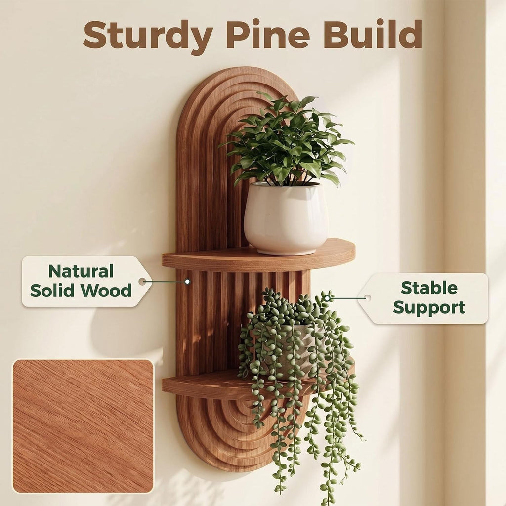 Boho Wall Decor Brown Plant Wall Shelf, 16.9in Walnut Floating Shelves for Wall, 2 Tier Mid Century Modern Decor Hanging Plant Shelf for Home, Bedroom Living Room Office Decoration