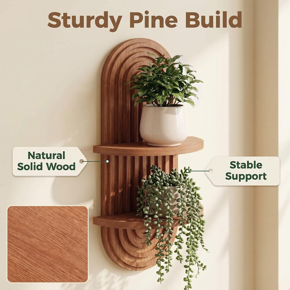Boho Wall Decor Brown Plant Wall Shelf, 16.9in Walnut Floating Shelves for Wall, 2 Tier Mid Century Modern Decor Hanging Plant Shelf for Home, Bedroom Living Room Office Decoration