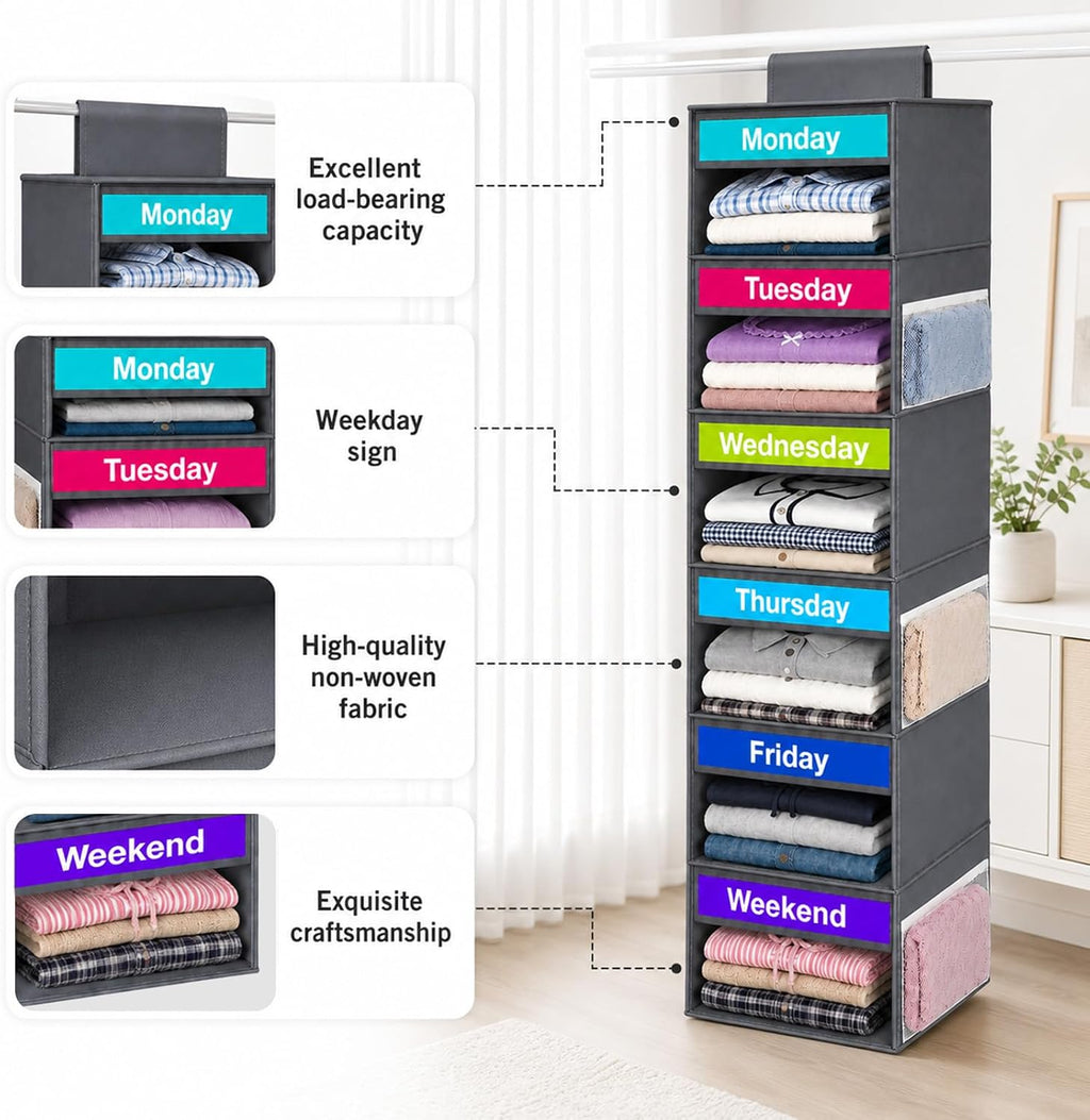 6-Shelf Weekly Clothes Organizer for Kids Days of The Week Outfit(Grey)